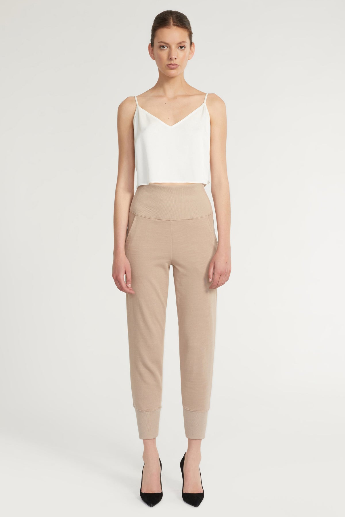 So High Waisted Slub Cotton Sweatpant in Stone Taupe