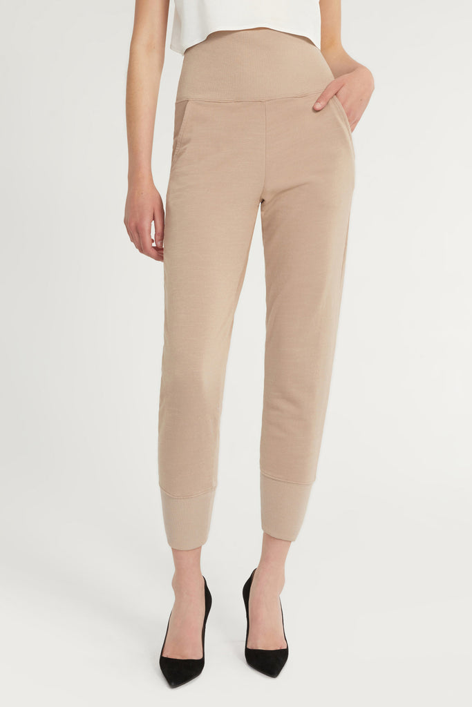 So High Waisted Slub Cotton Sweatpant in Stone Taupe