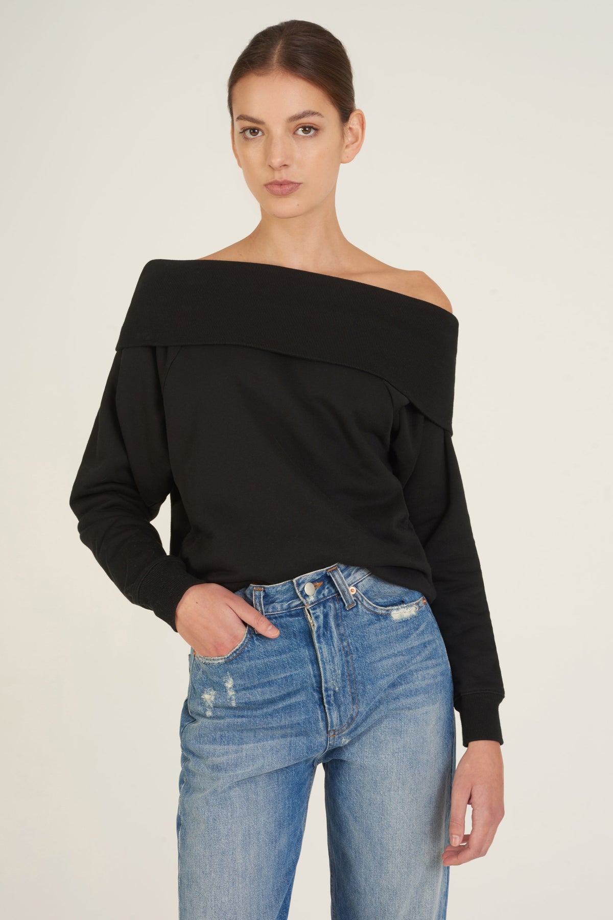 So Relaxed Off The Shoulder Plush Sweatshirt in Black