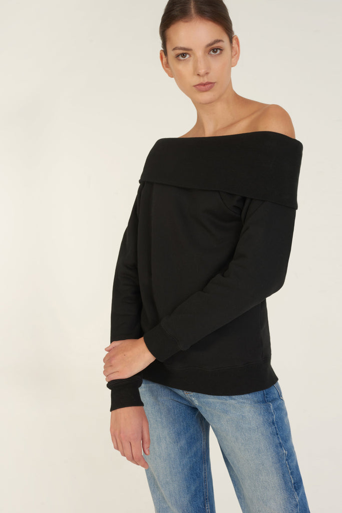 So Relaxed Off The Shoulder Plush Sweatshirt in Black