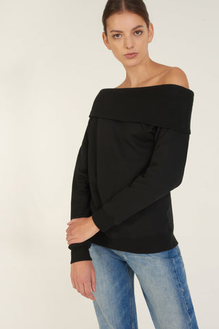 So Relaxed Off The Shoulder Plush Sweatshirt in Black