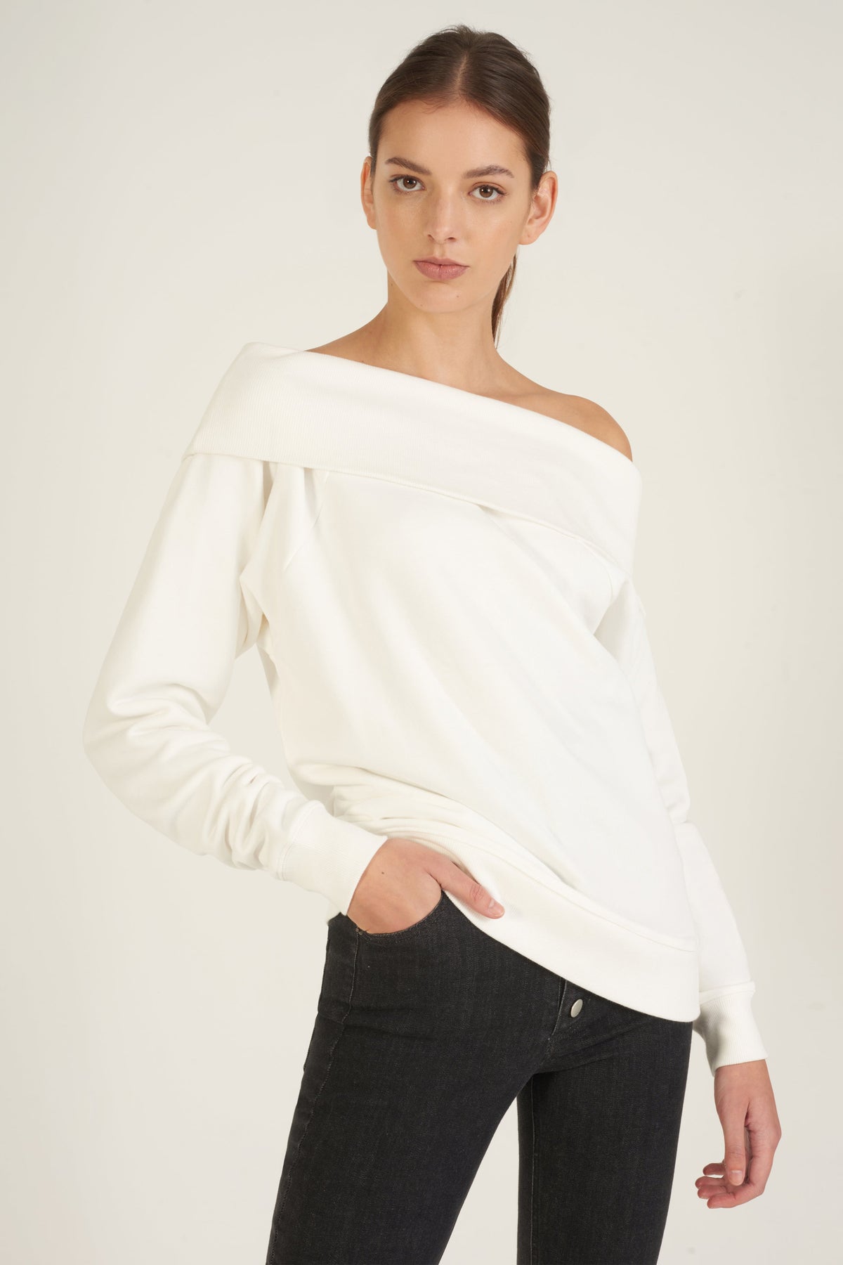 So Relaxed Off The Shoulder Plush Sweatshirt in White