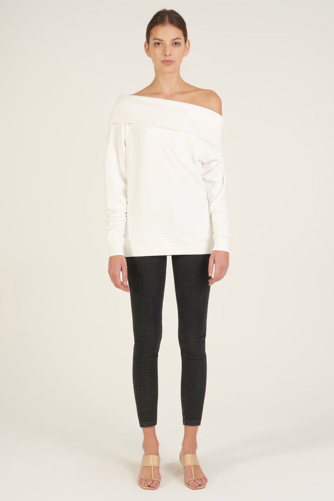 So Relaxed Off The Shoulder Plush Sweatshirt in White