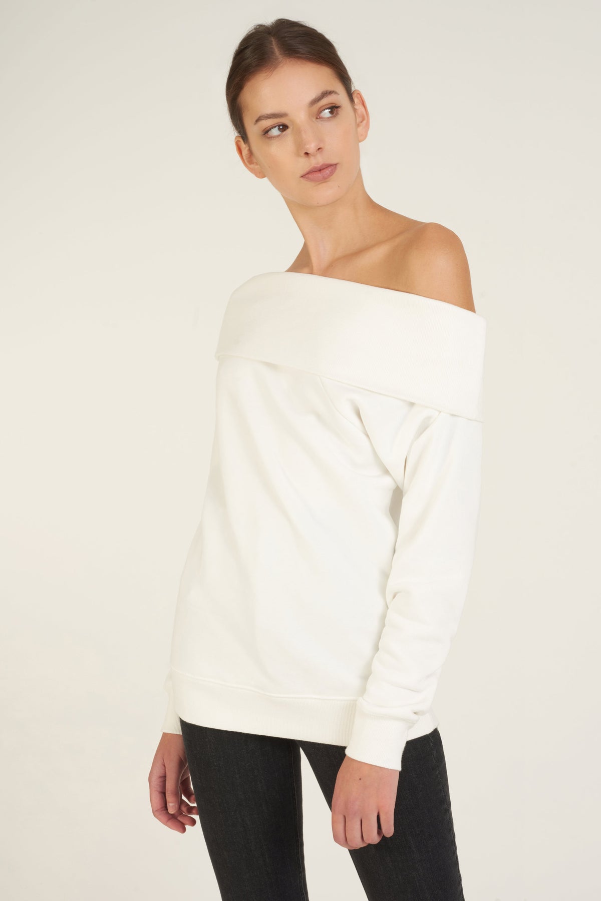 So Relaxed Off The Shoulder Plush Sweatshirt in White