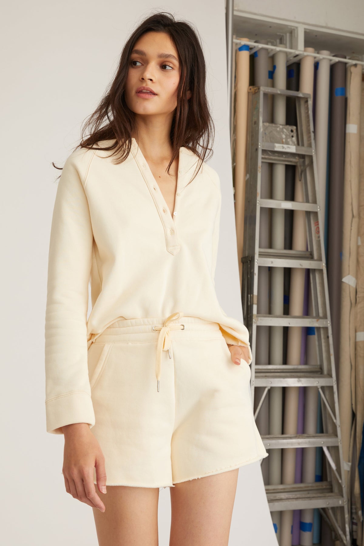 So Uptight French Terry Shrunken Plunge Henley Sweatshirt in Limoncello