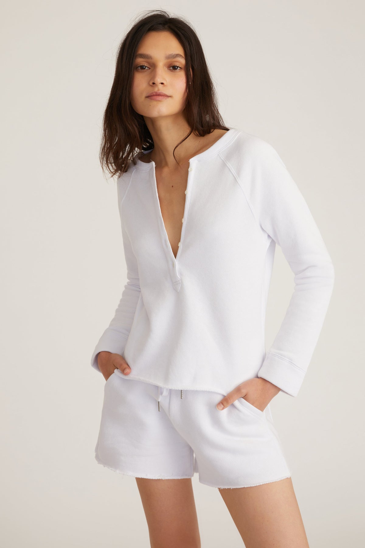 So Uptight French Terry Shrunken Plunge Henley Sweatshirt in White
