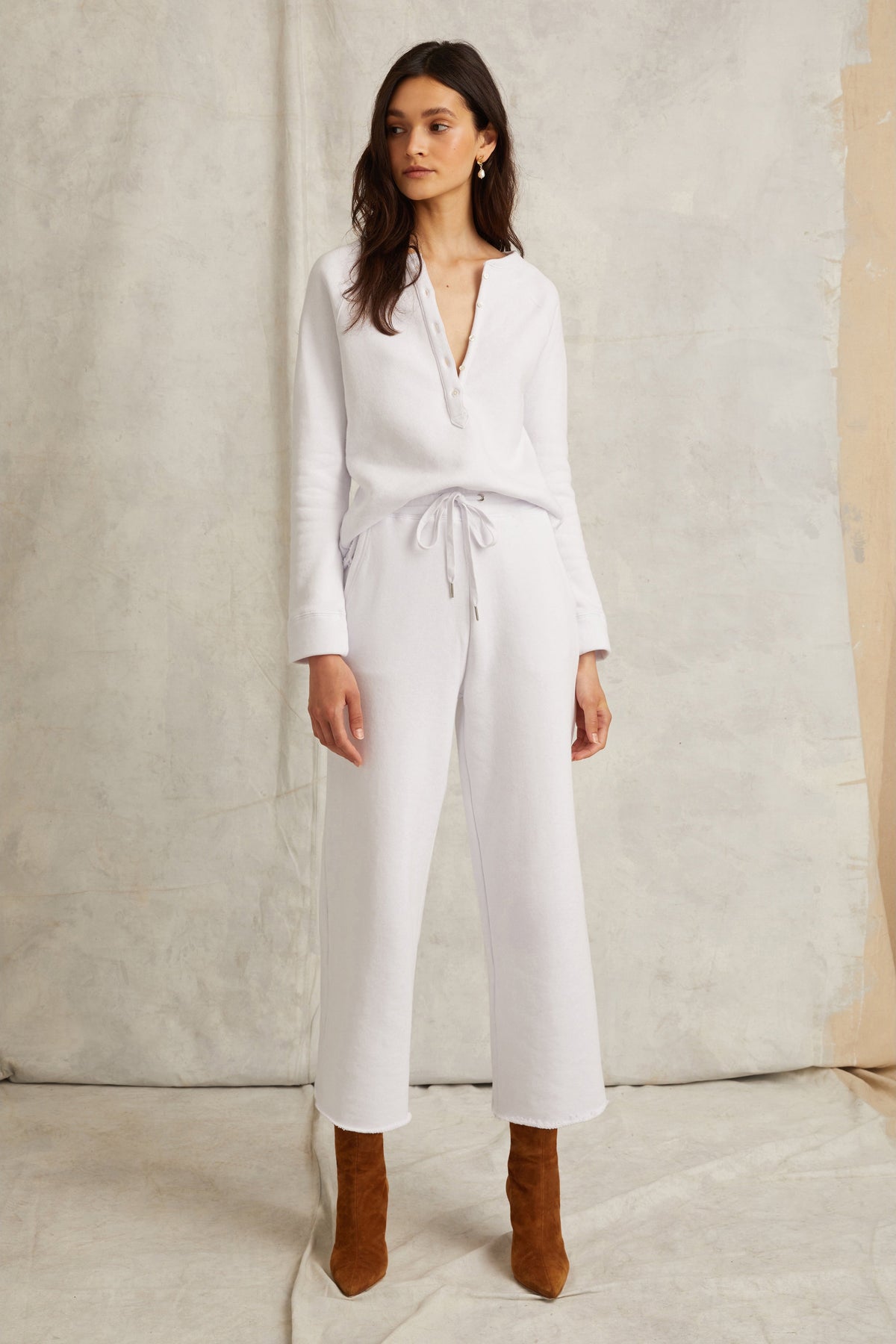 So Uptight French Terry Shrunken Plunge Henley Sweatshirt in White