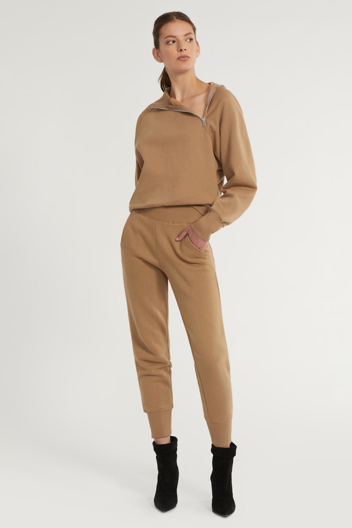 So Uptight French Terry Funnel Neck Zip Sweatshirt in Light Mocha