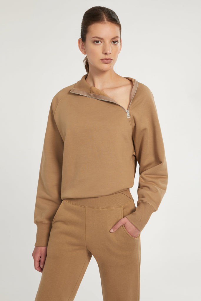 So Uptight French Terry Funnel Neck Zip Sweatshirt in Light Mocha