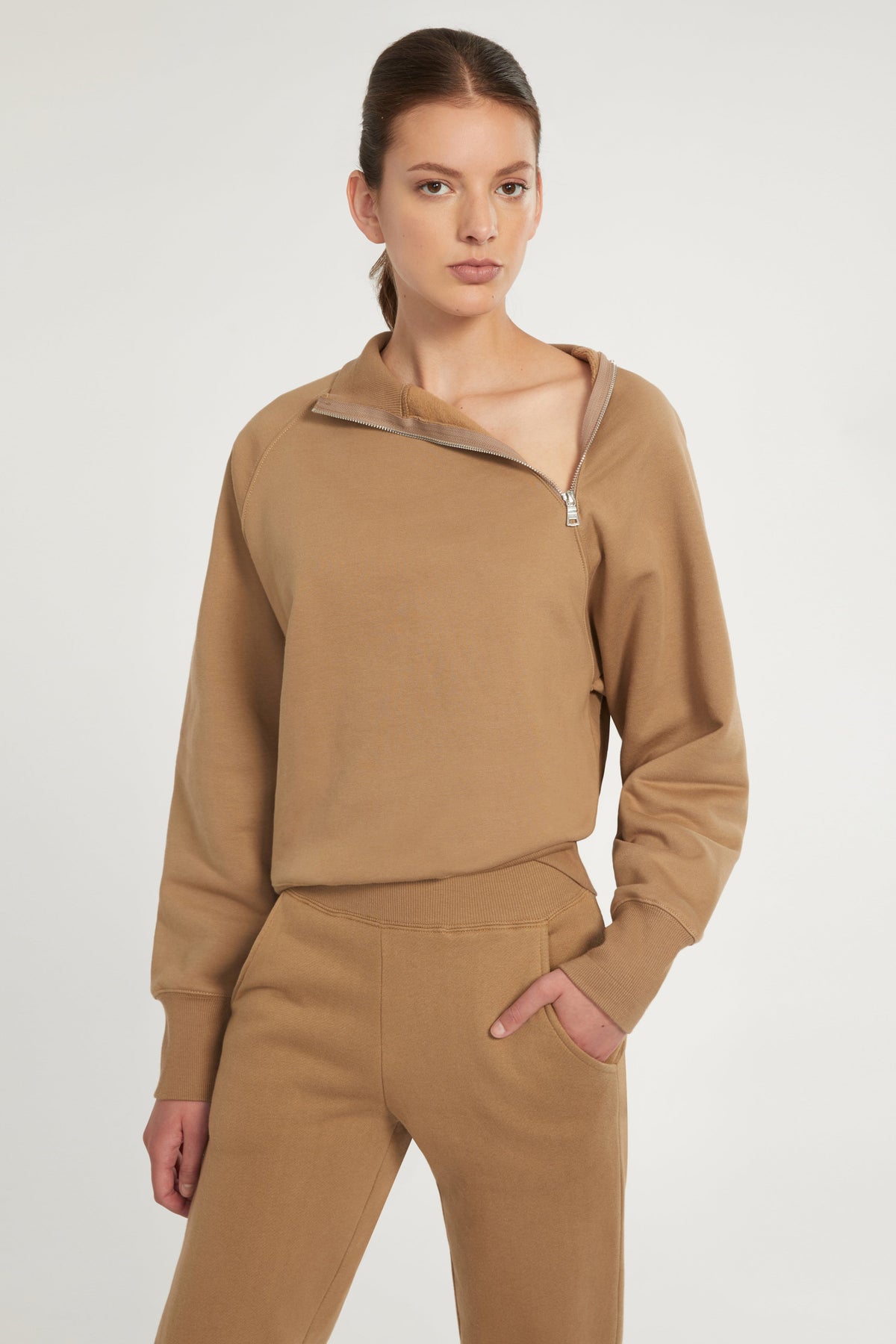 So Uptight French Terry Funnel Neck Zip Sweatshirt in Light Mocha