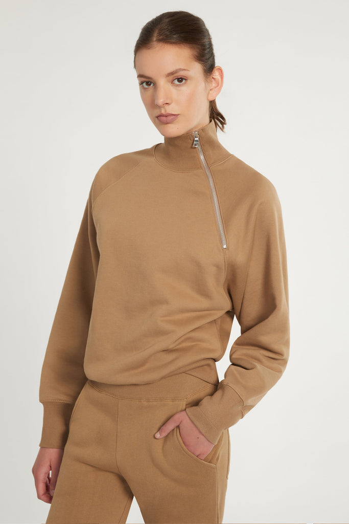 So Uptight French Terry Funnel Neck Zip Sweatshirt in Light Mocha