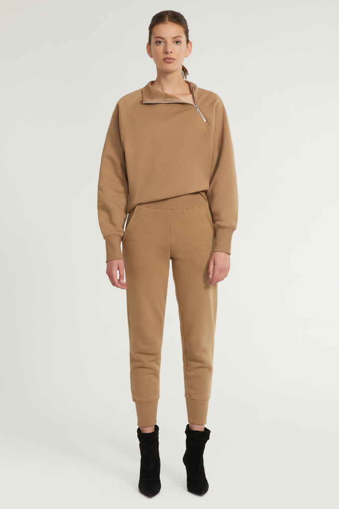So Uptight French Terry Funnel Neck Zip Sweatshirt in Light Mocha