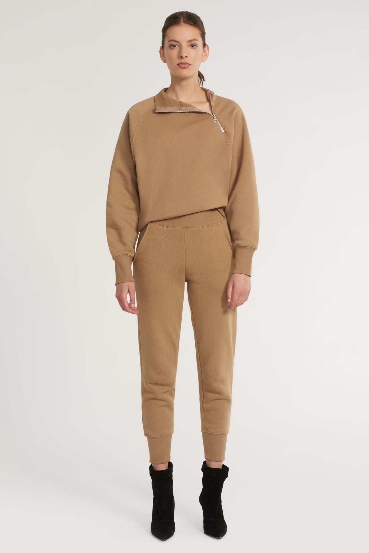 So Uptight French Terry Funnel Neck Zip Sweatshirt in Light Mocha