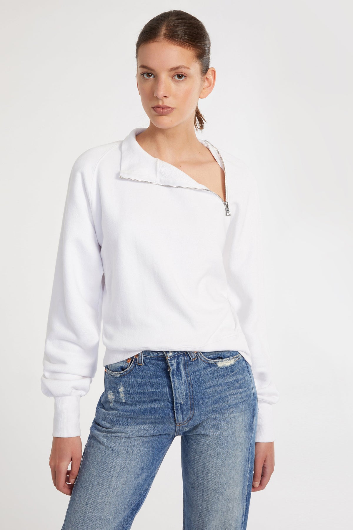 So Uptight French Terry Funnel Neck Zip Sweatshirt in White