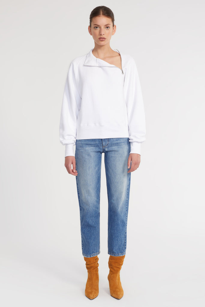 So Uptight French Terry Funnel Neck Zip Sweatshirt in White