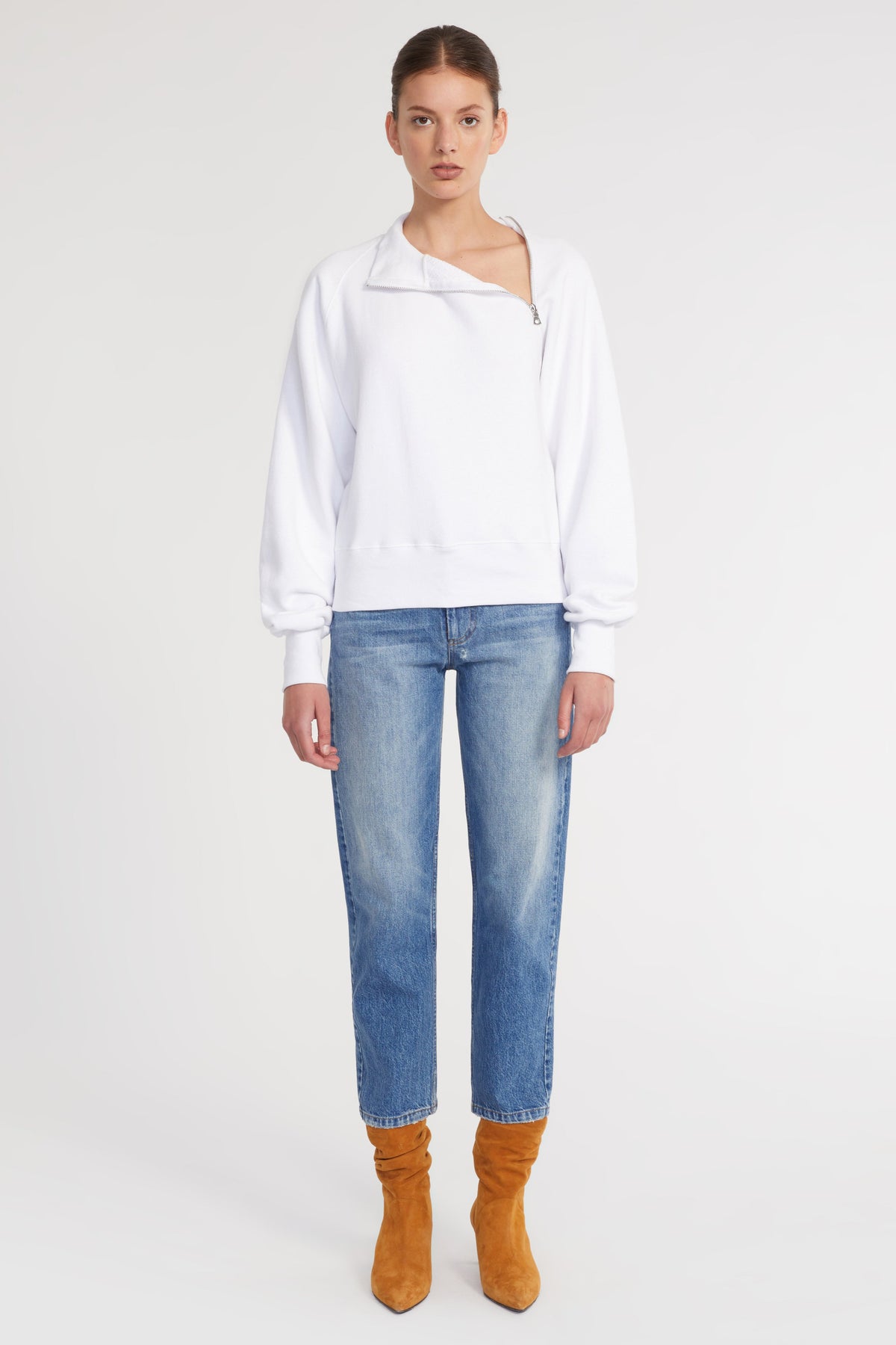 So Uptight French Terry Funnel Neck Zip Sweatshirt in White
