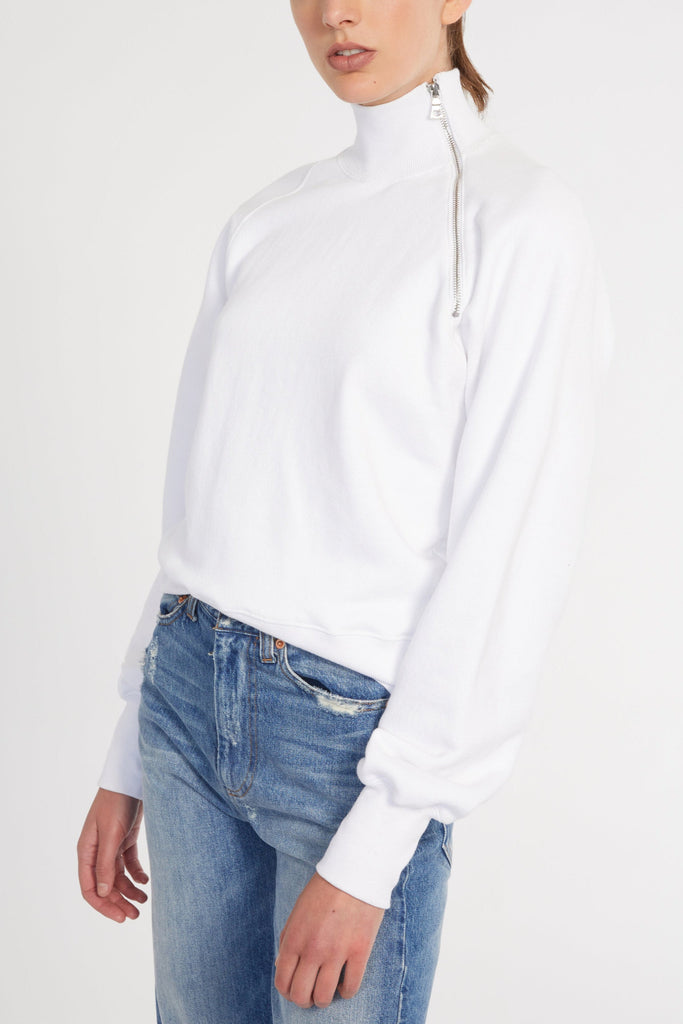 So Uptight French Terry Funnel Neck Zip Sweatshirt in White