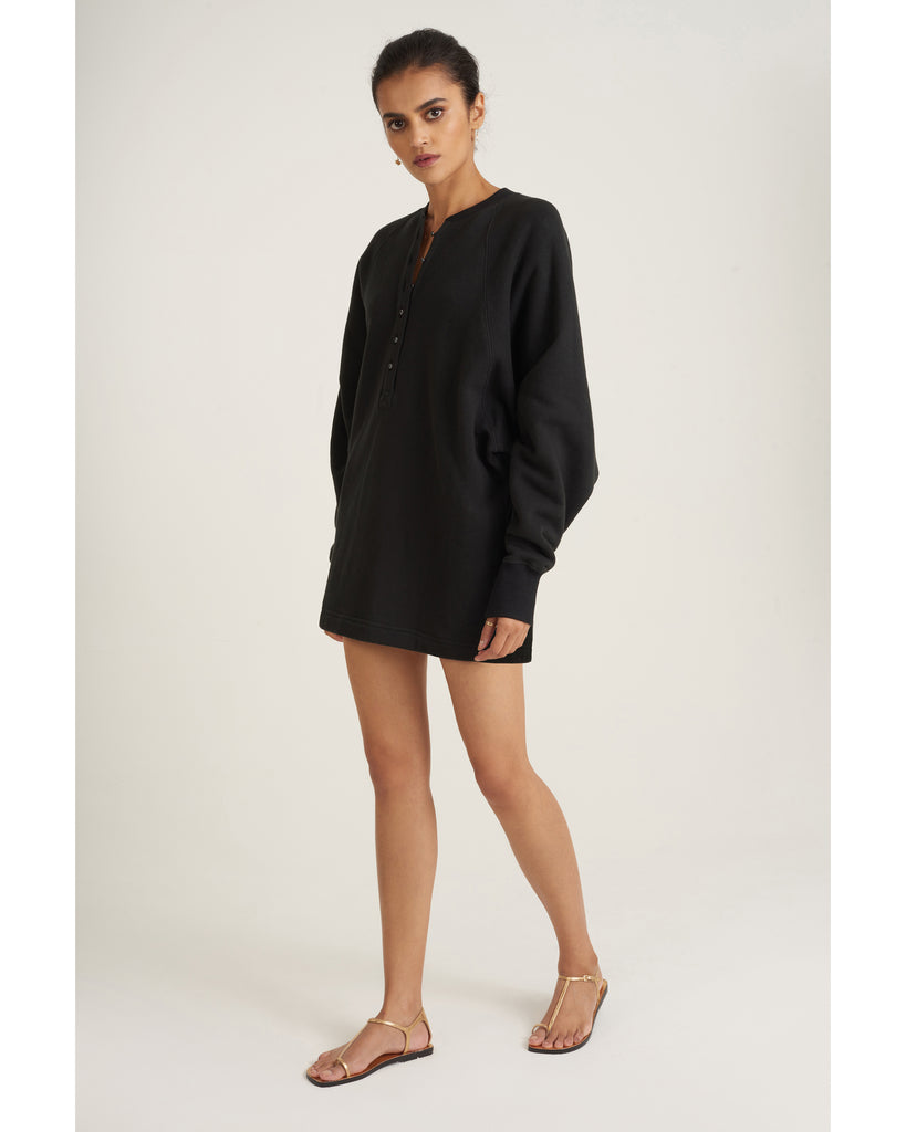 So Uptight French Terry Plunge Henley Sweatshirt Dress in Black
