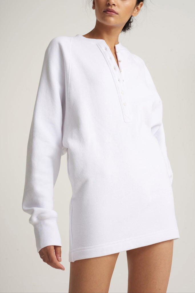 So Uptight French Terry Plunge Henley Sweatshirt Dress in White