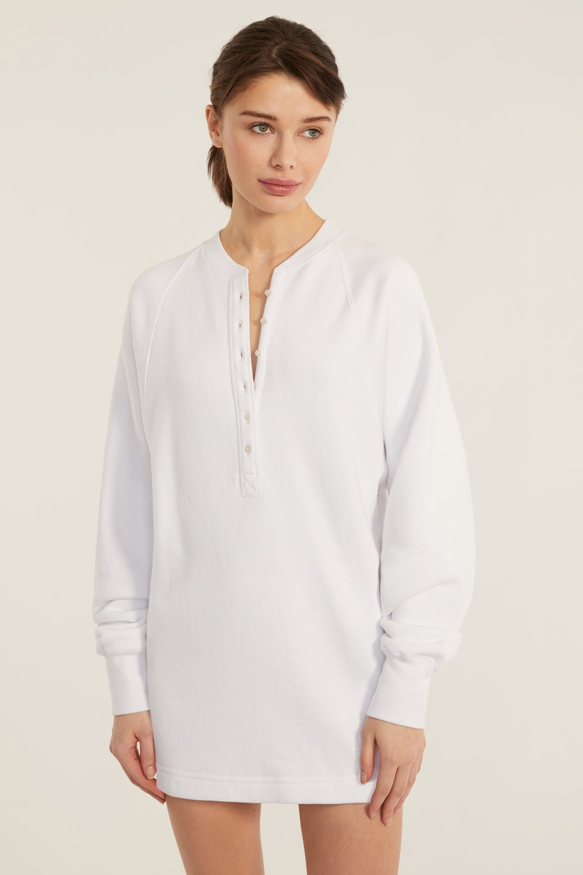 So Uptight French Terry Plunge Henley Sweatshirt Dress in White