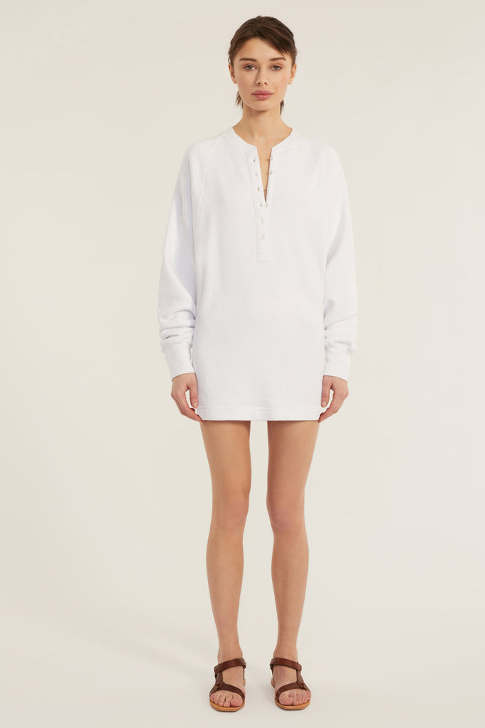 So Uptight French Terry Plunge Henley Sweatshirt Dress in White