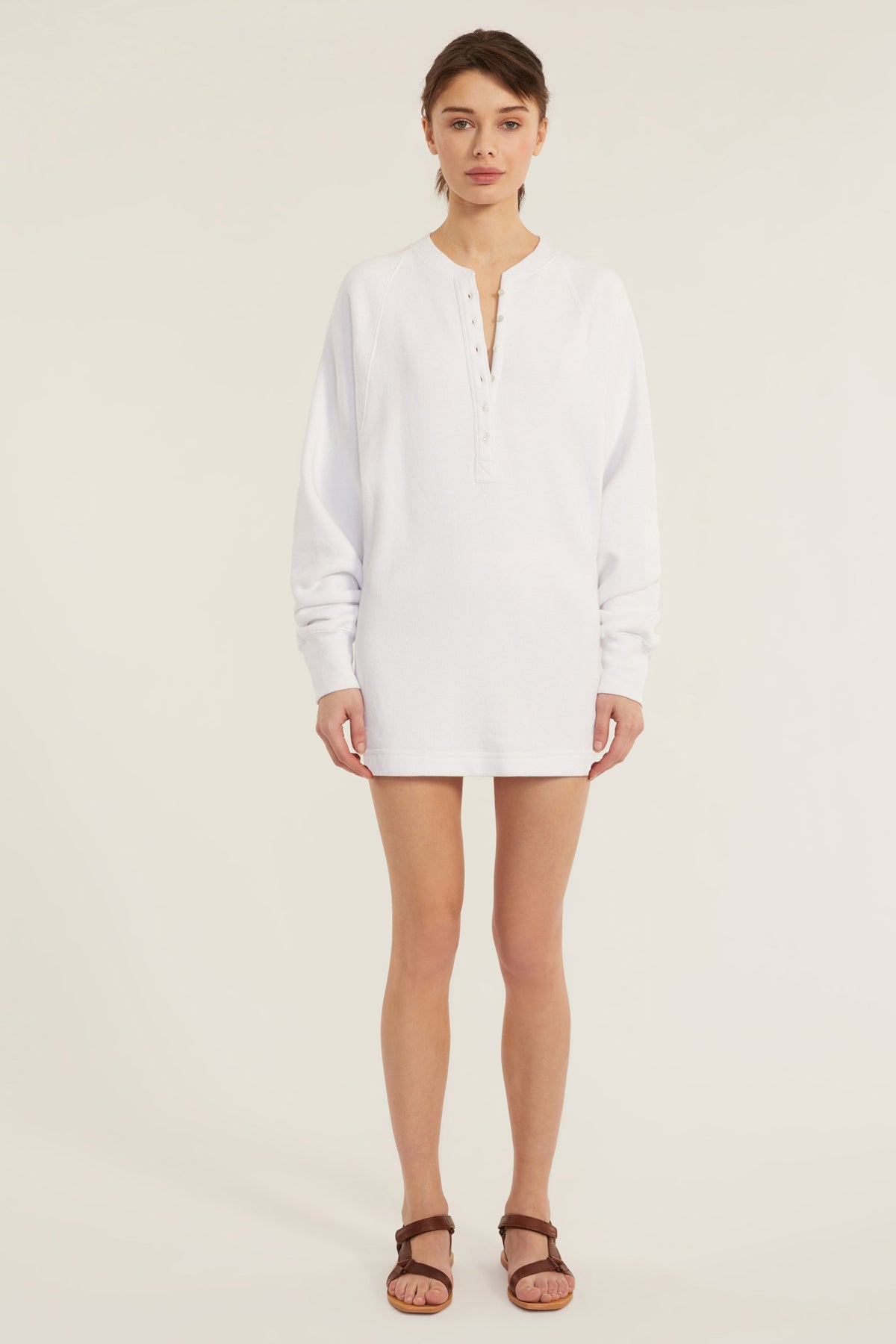 So Uptight French Terry Plunge Henley Sweatshirt Dress in White