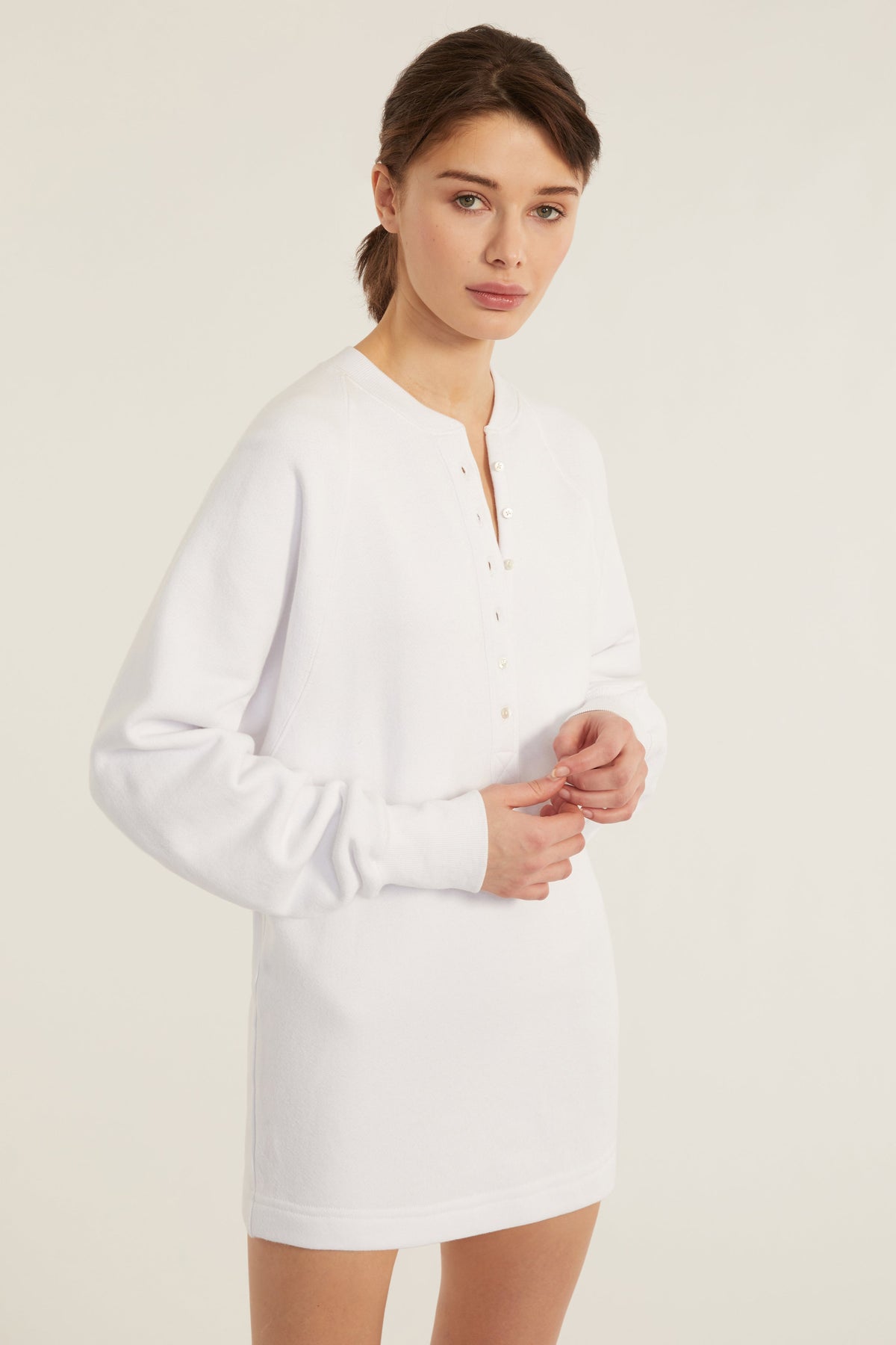 So Uptight French Terry Plunge Henley Sweatshirt Dress in White