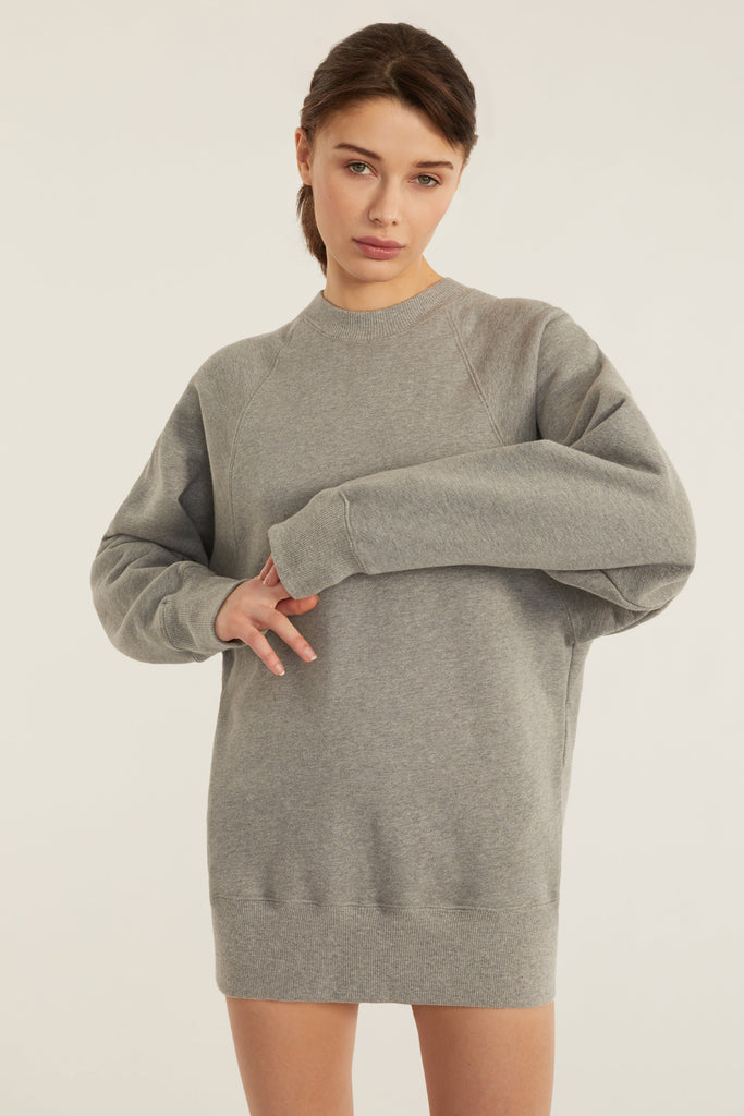 So Uptight French Terry Raglan Crew Sweatshirt Dress in Heather Grey