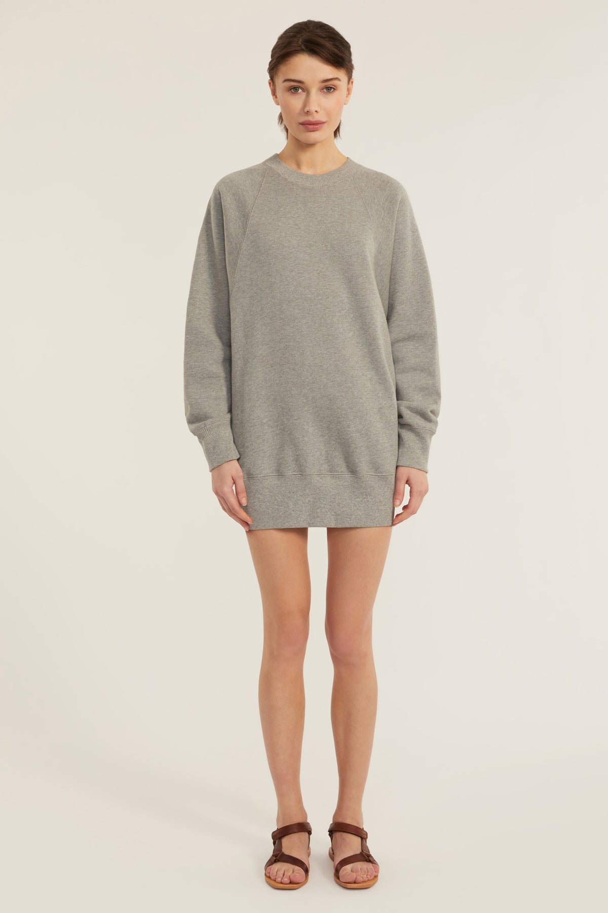 So Uptight French Terry Raglan Crew Sweatshirt Dress in Heather Grey