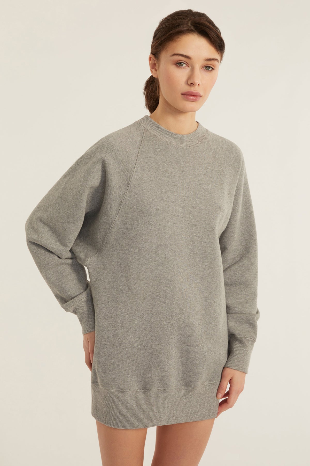 So Uptight French Terry Raglan Crew Sweatshirt Dress in Heather Grey