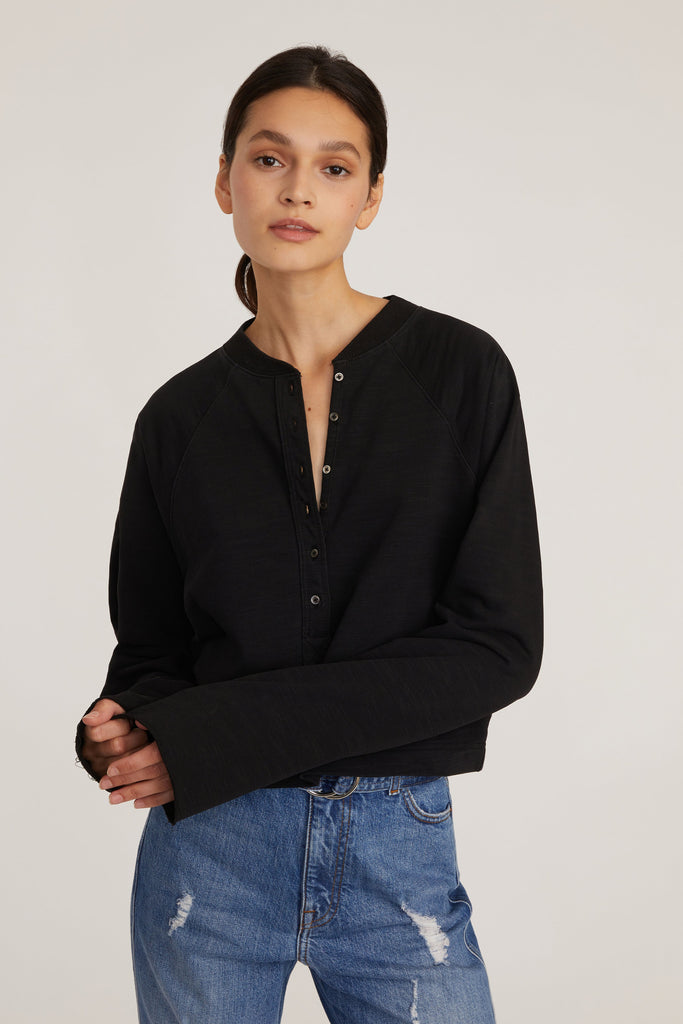 So Uptight Lightweight Slub Cotton Plunge Henley in Black