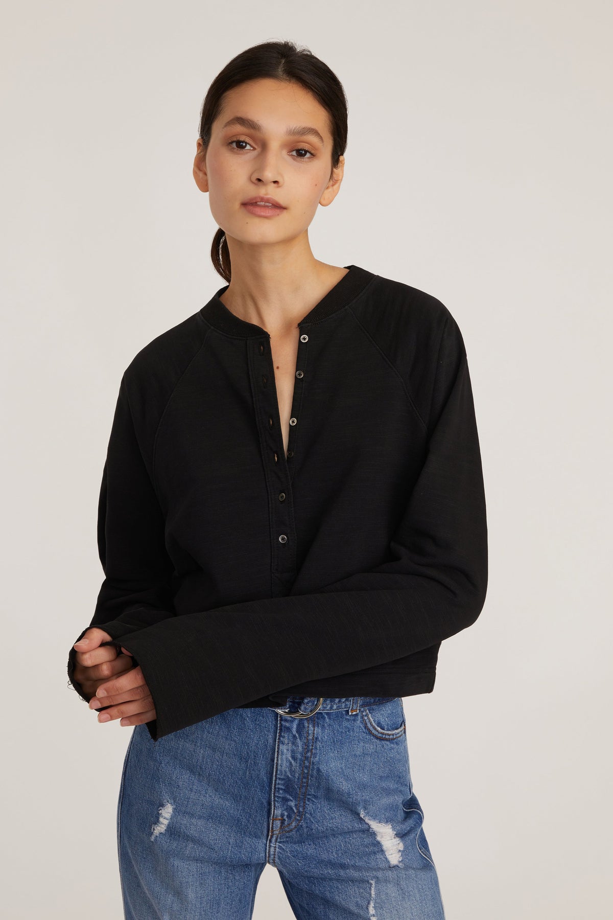 So Uptight Lightweight Slub Cotton Plunge Henley in Black