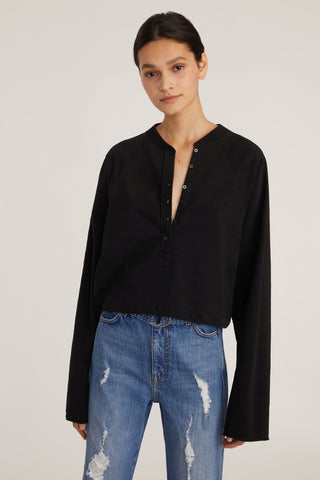 So Uptight Lightweight Slub Cotton Plunge Henley in Black