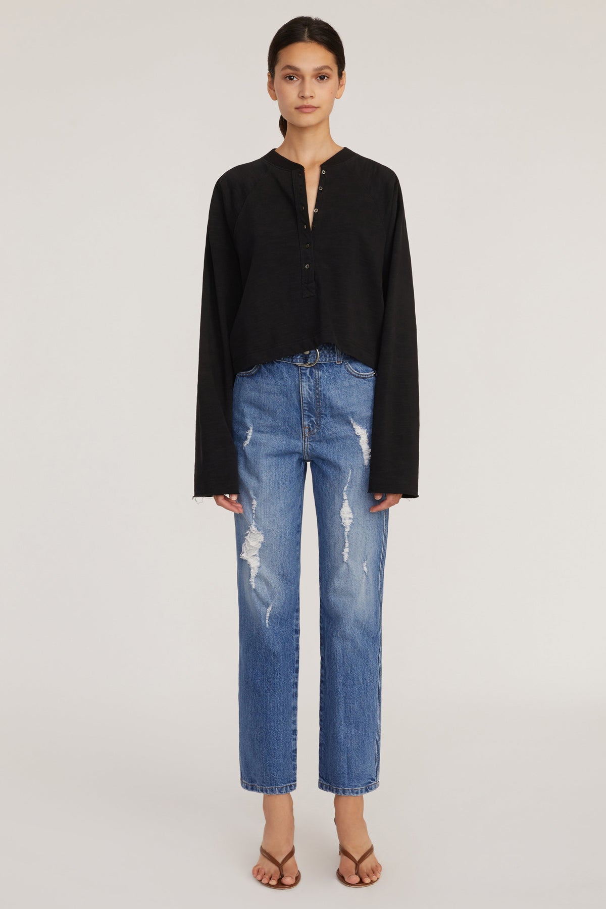 So Uptight Lightweight Slub Cotton Plunge Henley in Black