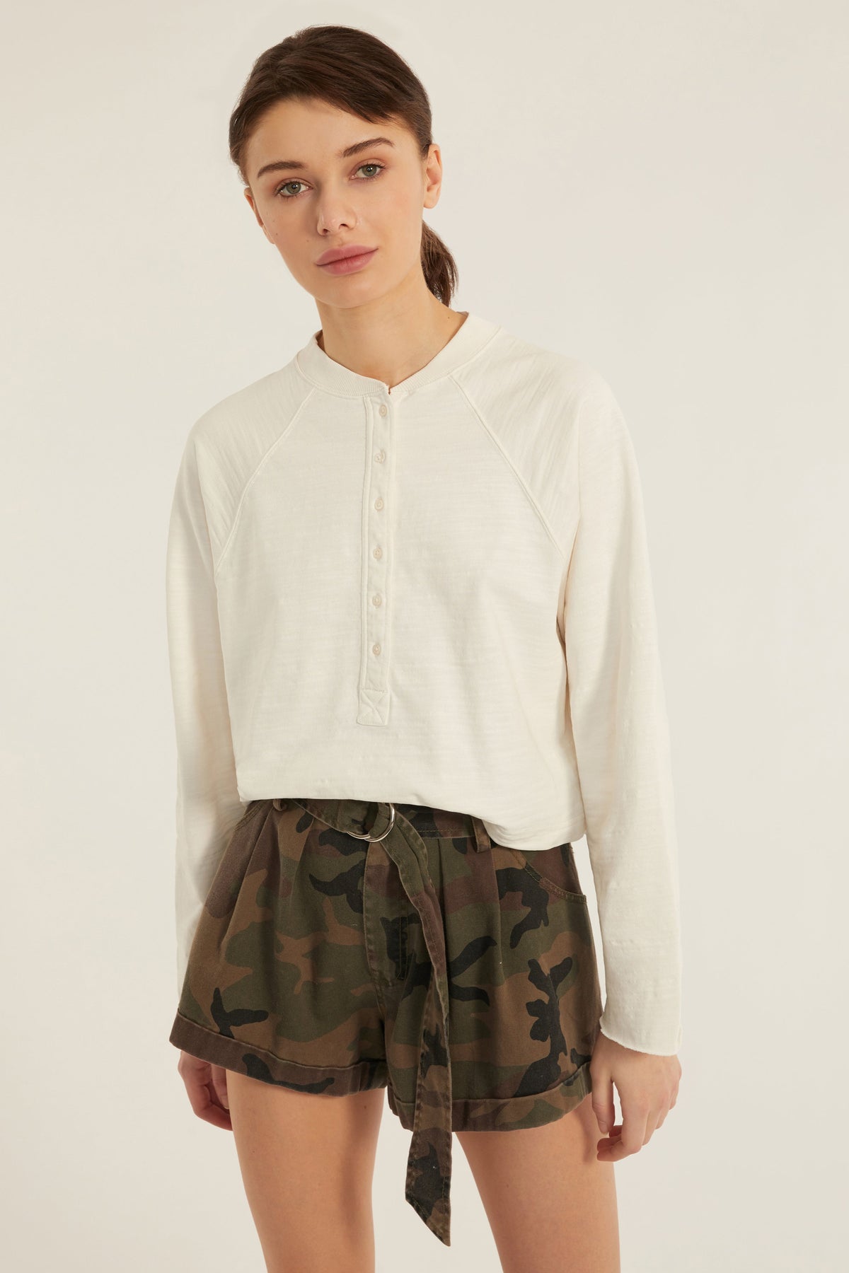So Uptight Lightweight Slub Cotton Plunge Henley in Eggshell