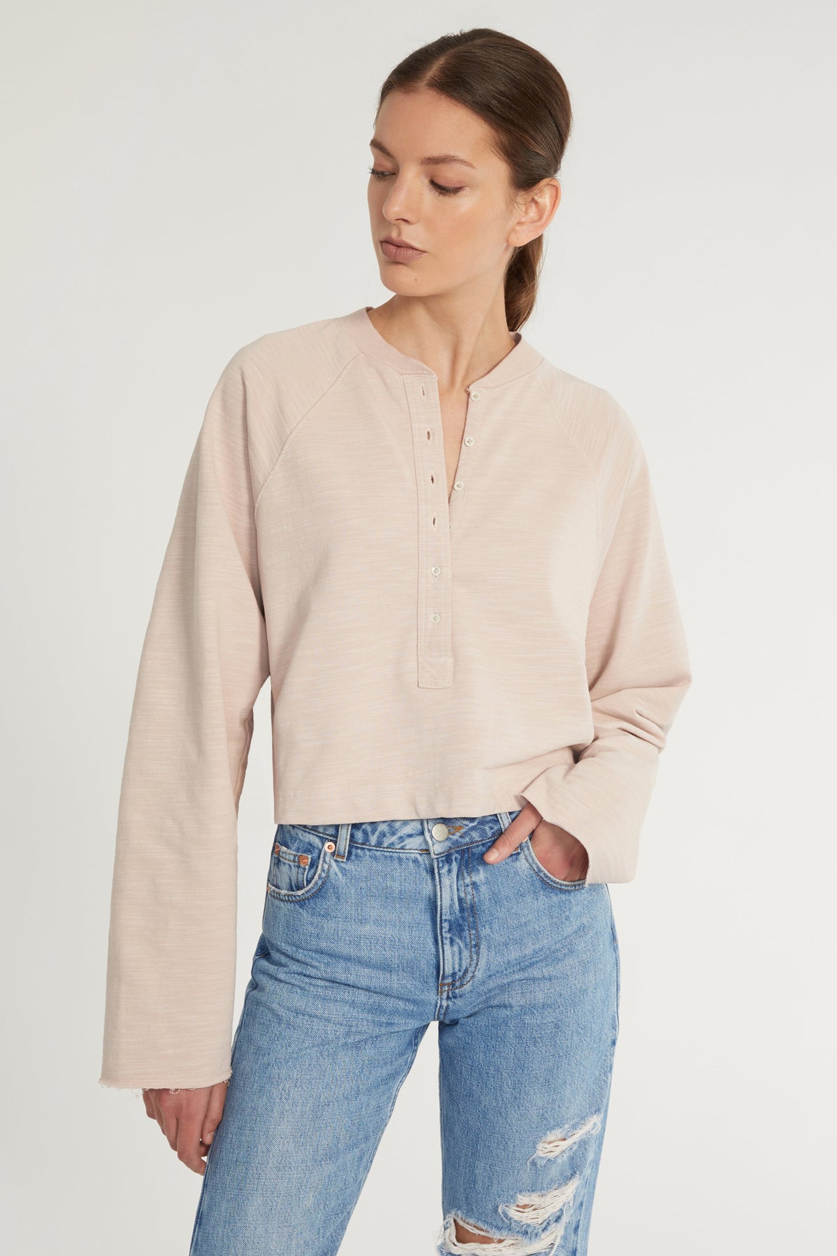 So Uptight Lightweight Slub Cotton Plunge Henley in Quartz