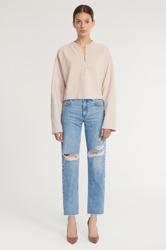 So Uptight Lightweight Slub Cotton Plunge Henley in Quartz