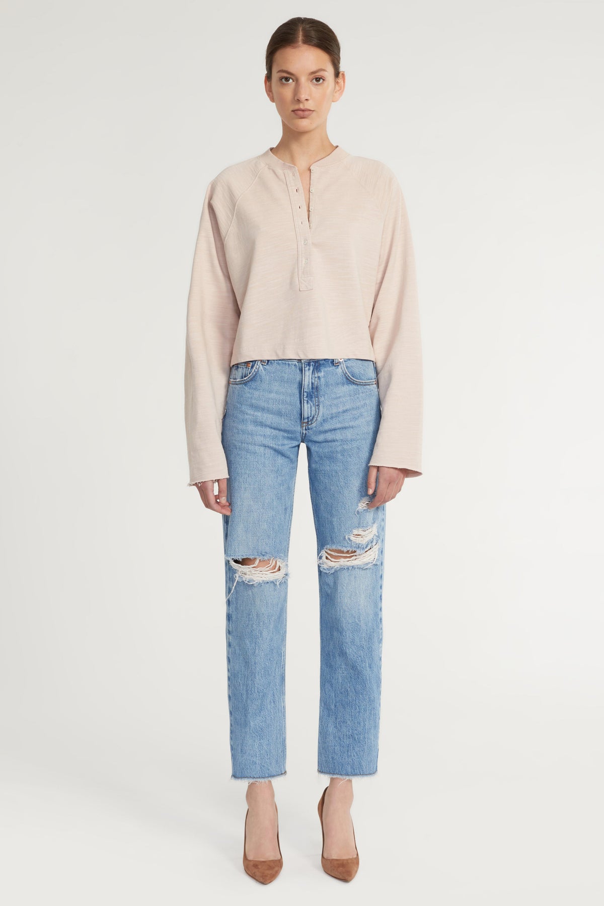 So Uptight Lightweight Slub Cotton Plunge Henley in Quartz