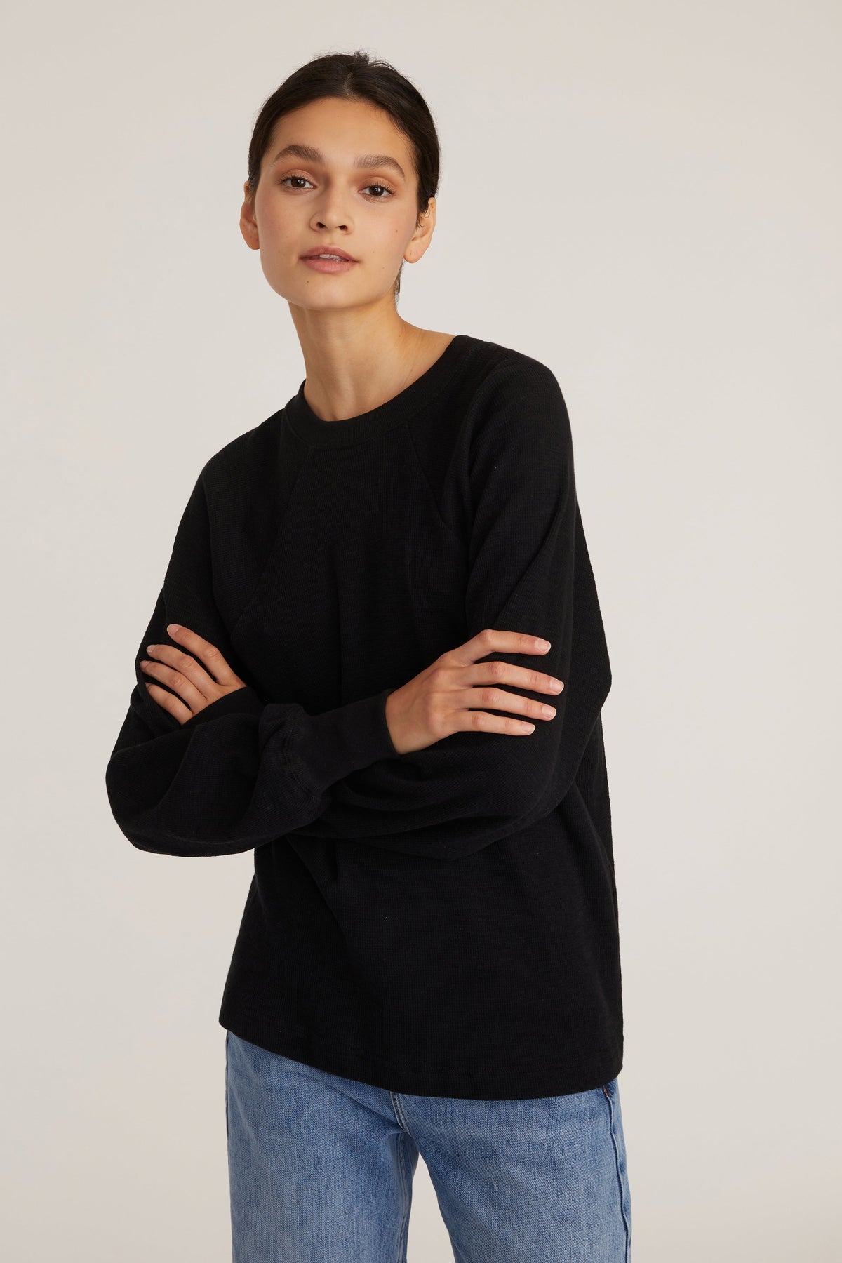 So Uptight Waffle Knit Crewneck in Black | MARISSA WEBB