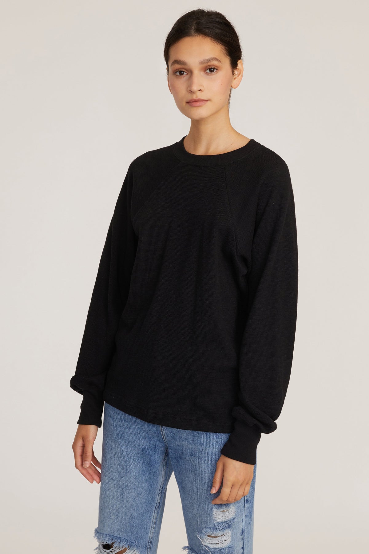 So Uptight Waffle Knit Crewneck in Black | MARISSA WEBB