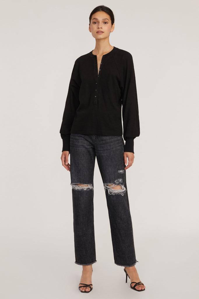 So Uptight Waffle Knit Henley in Black