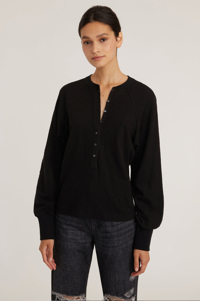 So Uptight Waffle Knit Henley in Black