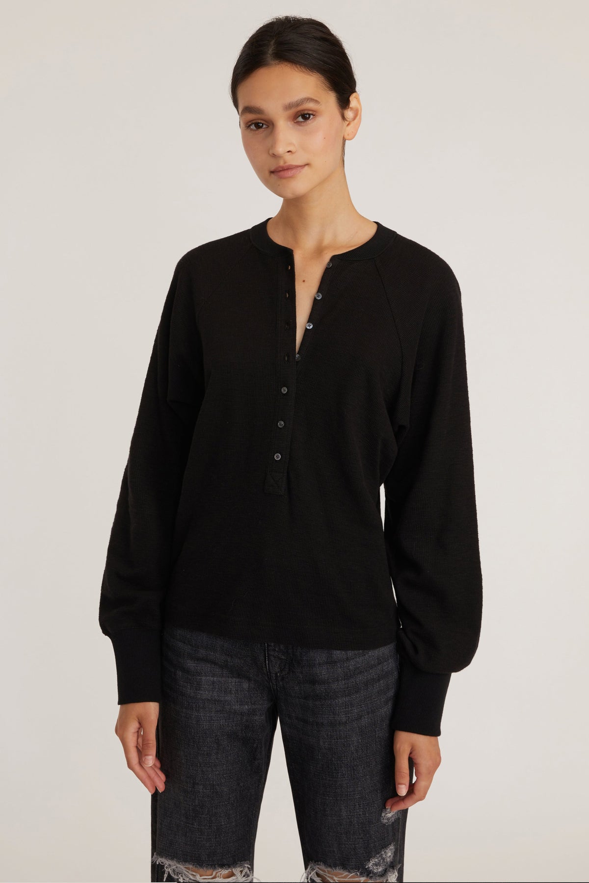 So Uptight Waffle Knit Henley in Black