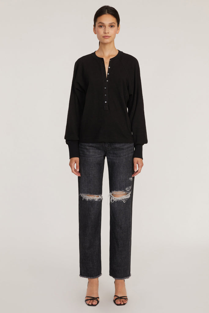 So Uptight Waffle Knit Henley in Black