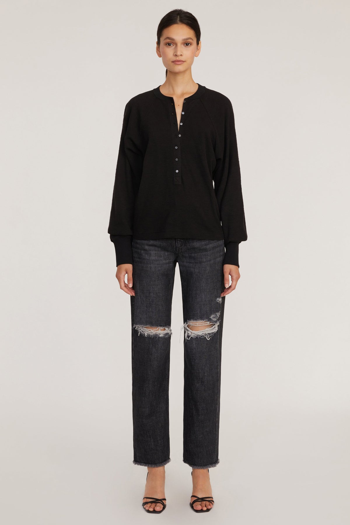 So Uptight Waffle Knit Henley in Black