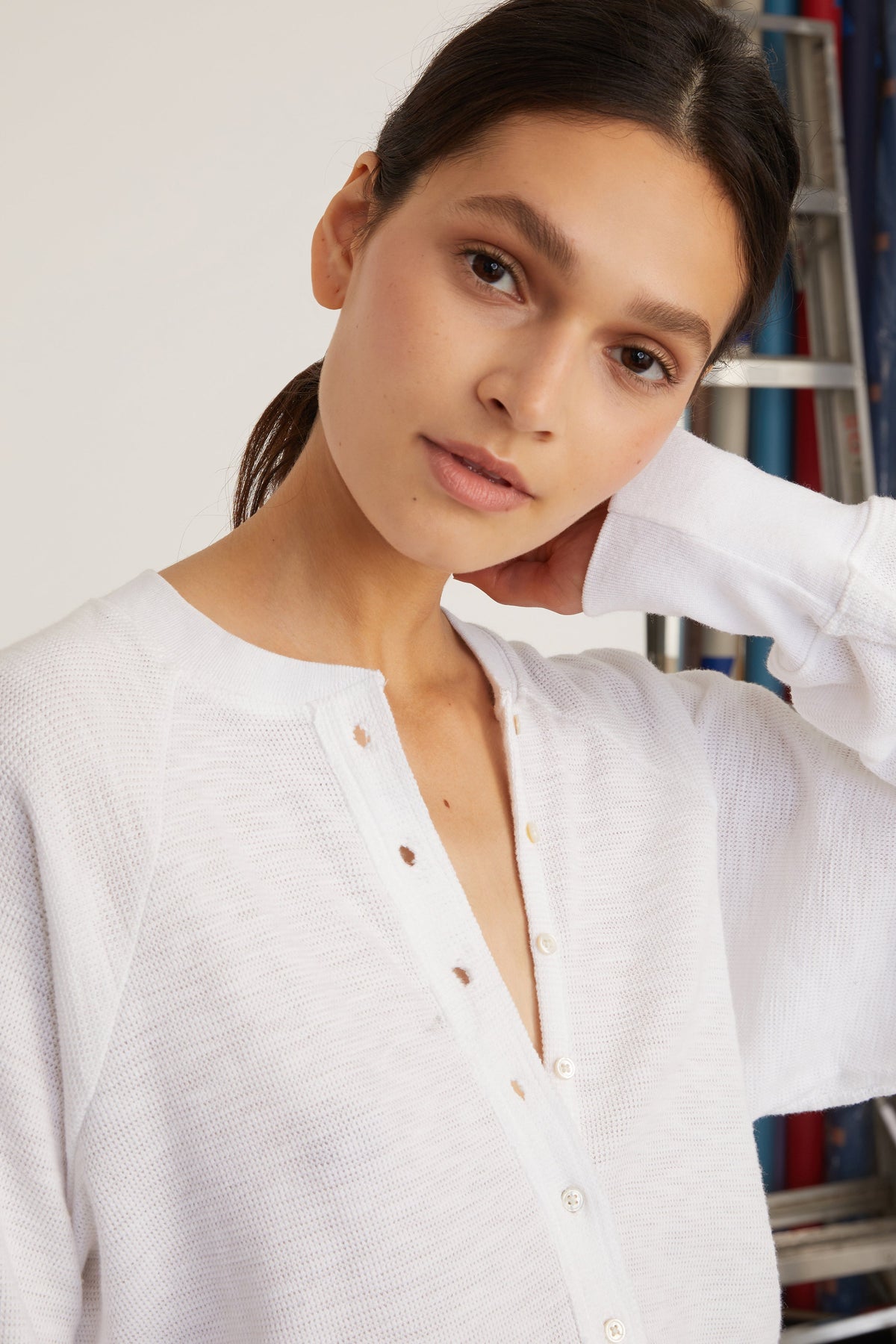 So Uptight Waffle Knit Henley in White