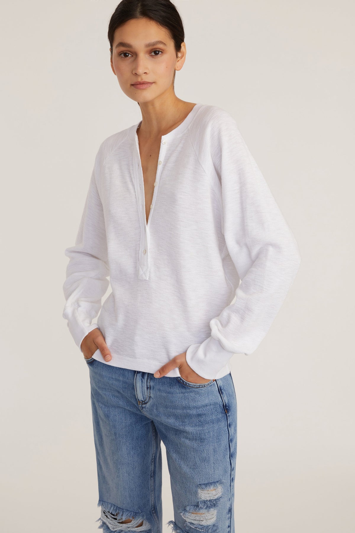 So Uptight Waffle Knit Henley in White
