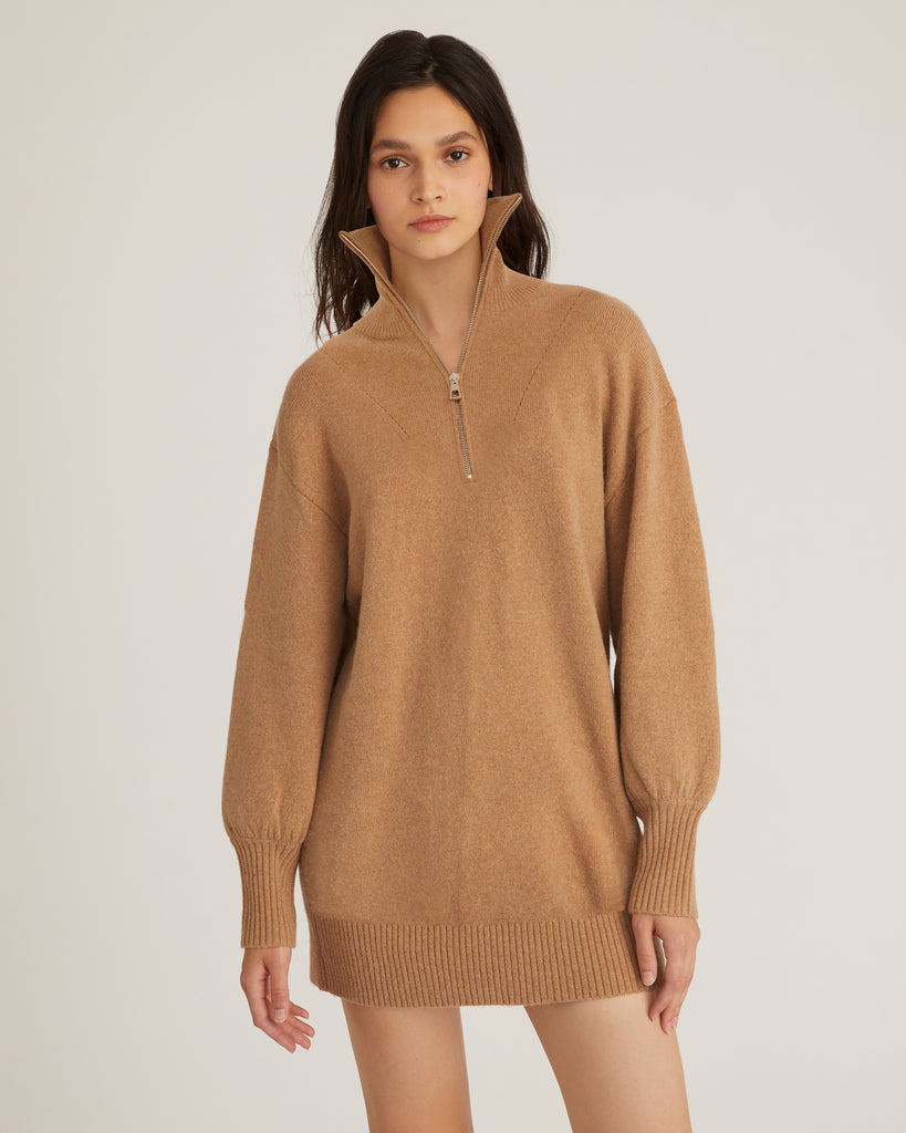 Wesley Slouchy Zip Front Cashmere Blend Sweater Dress in Camel