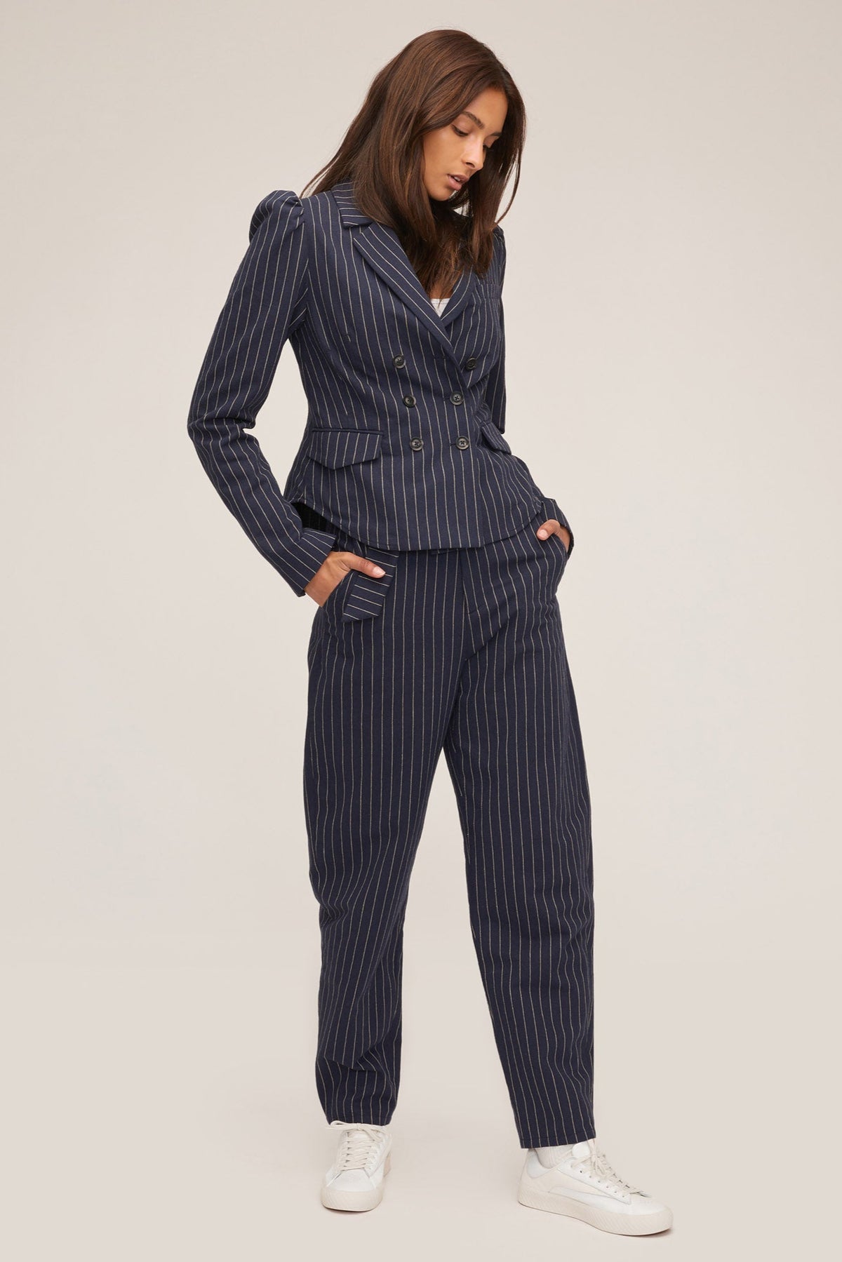 Noel Double Breasted Navy Beige Pinstripe Shirt Blazer | MARISSA WEBB