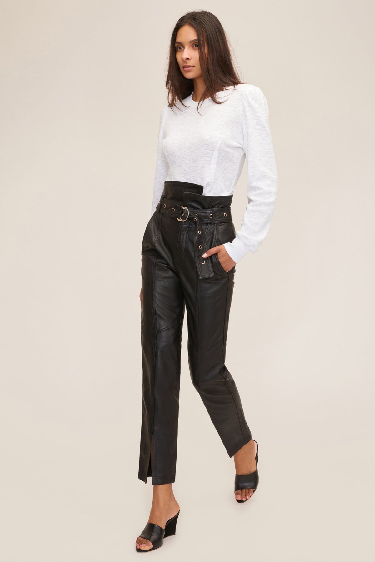 Anniston Split Hem Ankle Length Leather Pant in Black | MARISSA WEBB